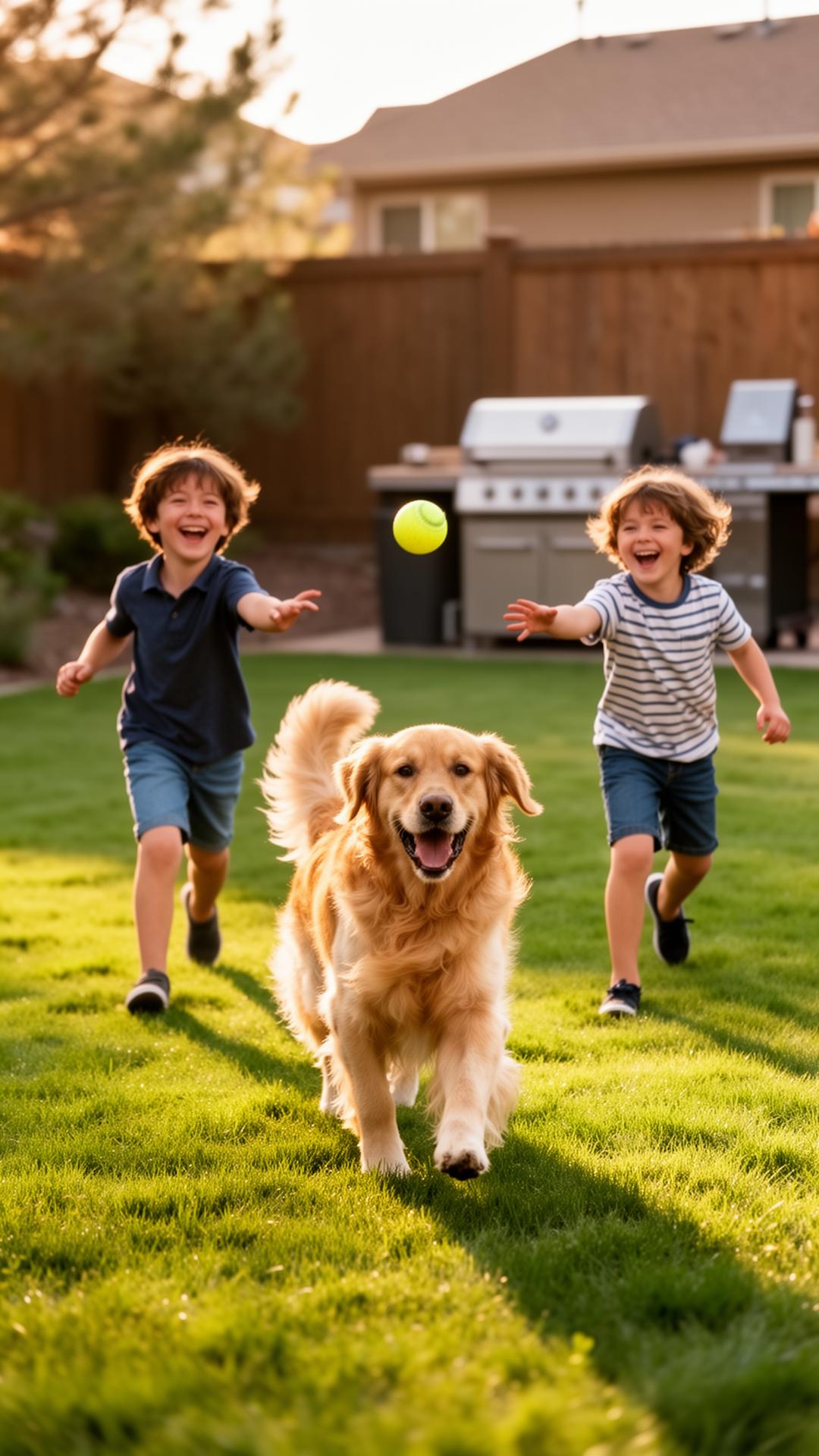 Two kids playing fetch with a golden retriever in a clean Colorado backyard